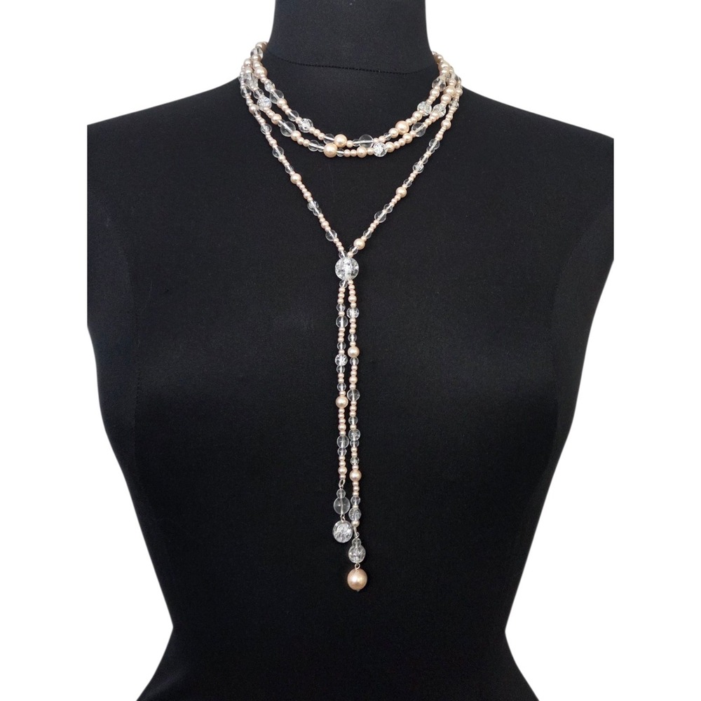 Vintage Carolee Faux Pearl Lariat Necklace Multi-strand Layered Signedโ Beaded